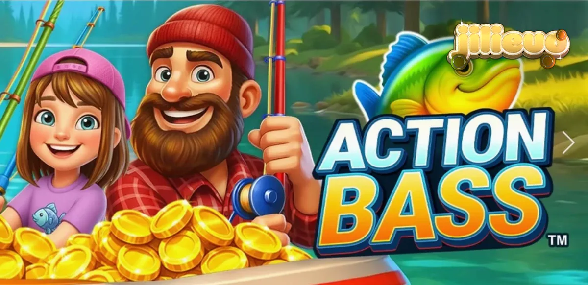 Isang makulay na eksena ng pangingisda sa Action Bass slot na nagpapakita ng mga simbolo ng isda at mga mangingisda.